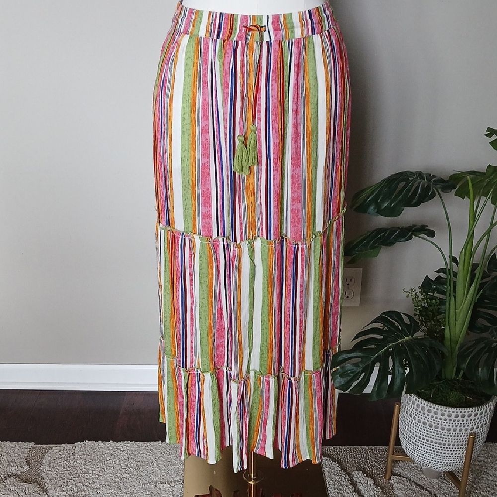 Pink and Yellow Tiered Maxi Skirt with Tie Front